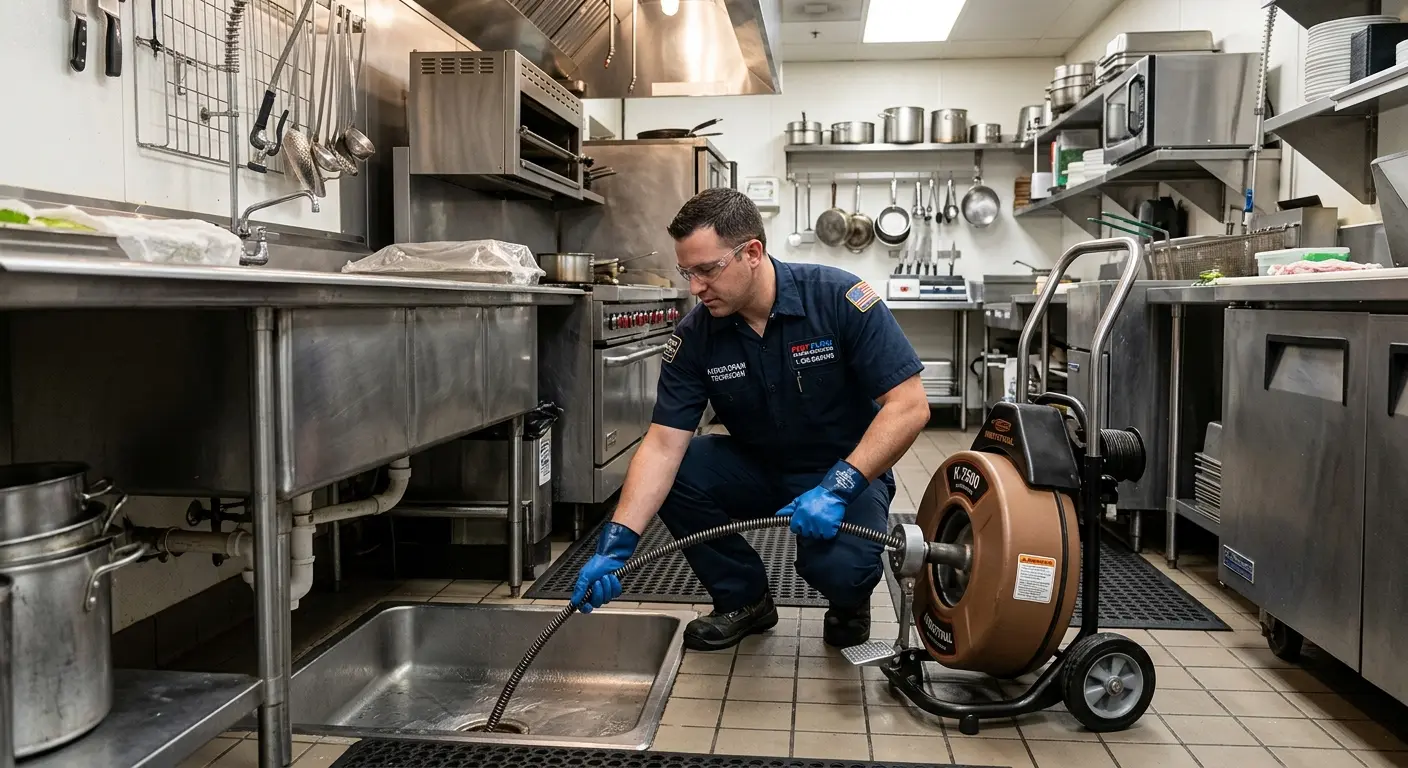 Commercial drain cleaning service in a restaurant kitchen in Lemon Grove
