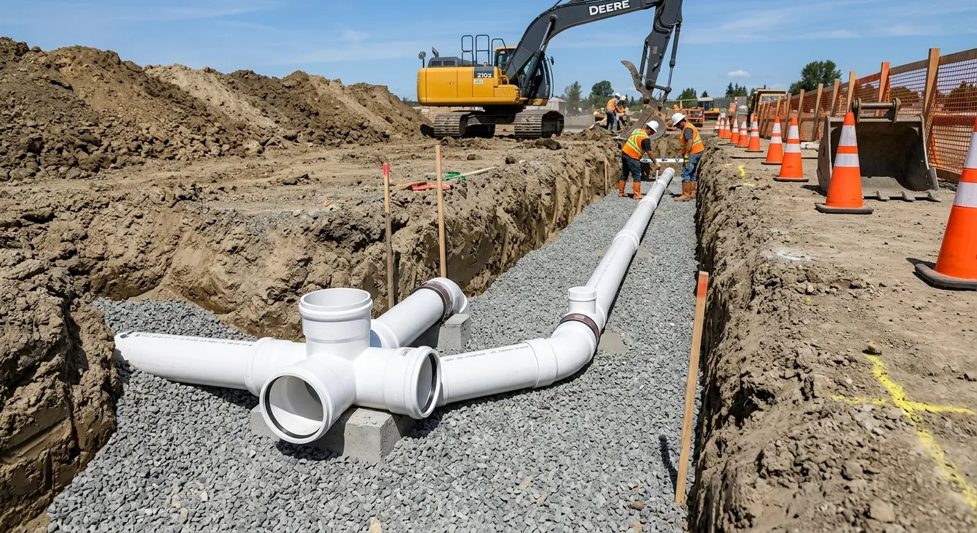 New PVC sewer pipe installation in open trench for Sewer Backup in Lemon Grove