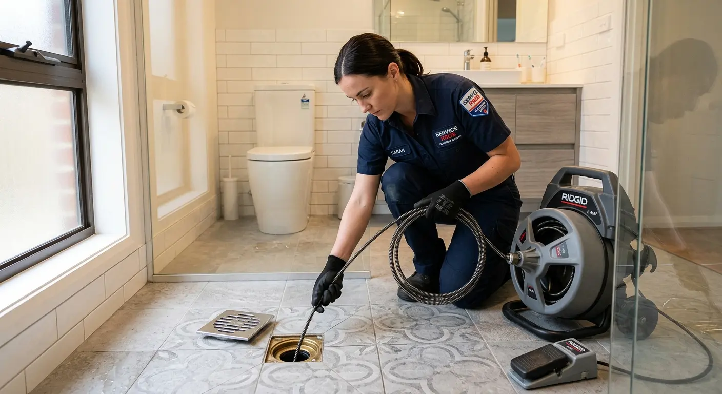 Technician clearing a bathroom floor drain for Sewer Line Replacement in Lemon Grove